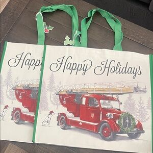 T.J.Maxx 2 Happy Holidays Red Vintage Fire Truck 🚒 Dalmation Reusable Tote NWT